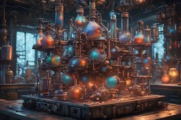 3D rendering of expressively detailed and intricate of a hyperrealistic chemistry laboratory experiment: front view, colorful paint, tribalism, steampunk, shamanism, cosmic fractals, dystopian, octane render, volumetric lighting, 8k post-production, detailed metallic objects, dendritic, artstation: award-winning: commanding: fantastical: clarity: 16k: ultra quality: striking: brilliance: stunning colors: amazing, beautiful, stunning composition