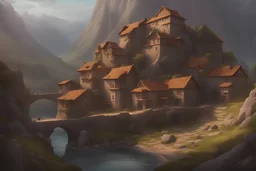 Civilizava com casas de rocha antiga perto de montanhas, casas feitas, cores escuras e montanhas a distância de pedra inspiração game of trones