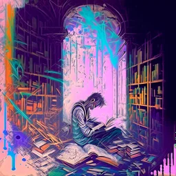 create a watercolour painting, In this artwork, a drug addict is seen in a dilapidated room surrounded by books and ancient scrolls. As they consume the substance, their mind is transported into the vast and magical library of their imagination. Each book represents a different fantasy world, and the addict becomes the curator of this ever-expanding repository of dreams.