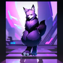 a fox fursona, darker colors, master quality, backlighting, soft lights, full body portrait, in frame, 8k, furry, fur, black and purple color pallet, robotic arm, cyberpunk, anthropomorphic, perfectly drawn face, animal legs, paws