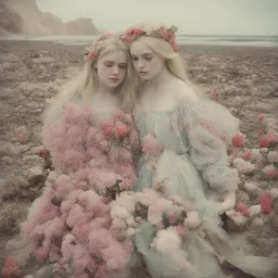 Elle fanning and dakota fanning as flowers, on the beach, autochrome