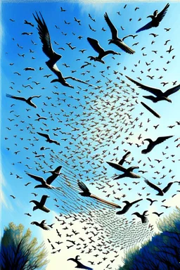 realistic drawing of a swarm of detailed swallows in the blue sky. look above from the ground, trees surrounding, swallows flying high.