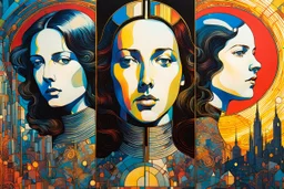 Create chaotic abstract cubist religious triptych depicting martyred Saint Joan of Arc, with highly detailed facial features, in the style of Bill Sienkiewicz, Philippe Druillet, Gustav Klimt, and Jean Giraud Moebius, precisely drawn, colored and inked