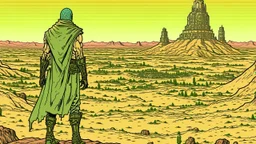 Desert warrior from behind looking at a city on a plateau in the distance, comic style