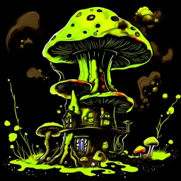 A fantabulous black, yellow, and lime (((mushroom tower house))) erected atop a (geologic pillar), surrounded by the uncanny imaginative ((( swirling skies))), offset by the stark hues of a (neon-tinged nebulous space scape), within. captured by the hand a skilled master painter with a focus on (softly blurred compositions and voluminous lighting).