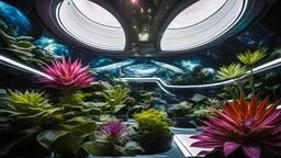 A futuristic botanical garden on a space station, where plants from different planets grow in zero gravity, their leaves and flowers displaying colors and patterns never seen on Earth. Award-winning photograph, 80mm focal length, chiaroscuro