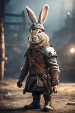 portrait of fast historic viking rabbit with horned viking helmet & boots in fallout 4 setting, bokeh, downlight, prize winning, depth of field, in the style of ivo caprino