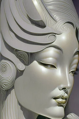 woman's face, half view, greyish colors, by artist "gilded melted bubblewarp";by artist "erte";by artist "michelangelo da vinci";by artist "lalique";by artist "hector guimard" ;character design by artist "emshwiller sol";by artist "fan ho"