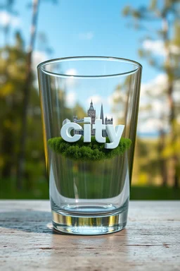 Create hyper-realistic photo of a glass tumbler in a wild forest. Inside, a miniature [London] with landmarks. A sleek white 3D text of [City] blends naturally into the landscape. Soft bright daylight, reflections, and subtle imperfections like fingerprints. DSLR quality, sharp focus.