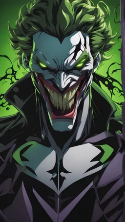 A very close picture to Mix between the joker and venom symbiote in solo leveling shadow art style with neon green details