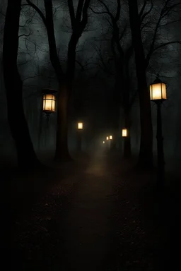 Night, lanterns, square bench, dirt roads, trees, gothic horror films influence, creepy, photography