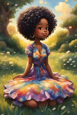 An whimsical oil painting art image of a chibi black cartoon of a curvaceous woman with flowing of tight curly afro of black hair that's highly detailed, wearing a tie dye maxi dress. She sits relaxed on the grass facing the warm sunlight, which illuminates her face as she looks to the side with a small smile, accentuating her prominent makeup and brown eyes. with green and hot pink roses all around