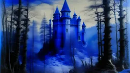 A blue violet castle in a winter forest painted by Leonardo da Vinci