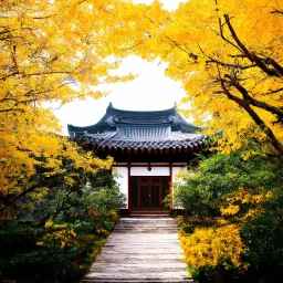 A mysterious and romantic photo quality artwork , yellow oriental vibes, landscape, house
