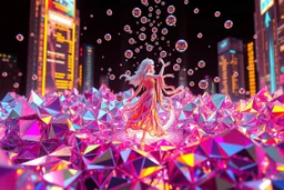 very complex 3d structure ,pretty viberating color environment 3d metalic and crystal recursive evolving and animating beveled geometric base very complex CIFY structure emiting bubbles that broke, goddess of love in a pretty modern dress comes out dancing fast hip hop, viberating color moving very in modern city escap environment while camera tracking it.write in down screen 3d animating"Made in Qwen By:J.Babakan"