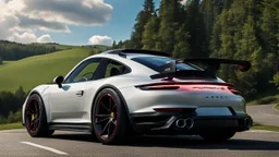 A sleek rear view of (((a cross of porsche and jesko))), on street, with hill and trees around, a beautiful clouds and sunny weather, 4K, Superdetailed, No mistakes
