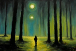 Trees, night, one person, 2000's sci-fi movies influence, ludwig dettman and willem maris impressionism painting