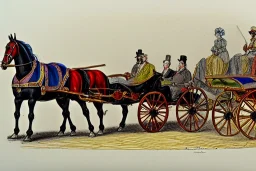 Fiacre, landauer carriage with two horses in Vienna. Pencil sketch. Old paper. Colours