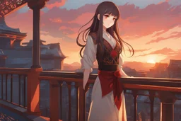 woman with long brown hair, red eyes, pale skin, highly detailed, intricate background, intricate face, standing on a balcony during sunset, contemplative, anime style, Genshin Impact inspired, dynamic composition, pyro vision bearer