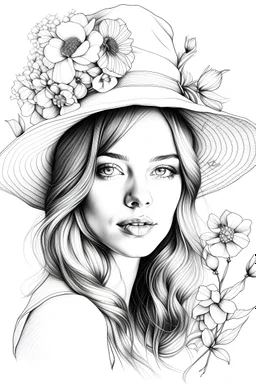 Draw a pencil sketch with white background of the face of abeautiful girl with hat on her head and having flowers all around