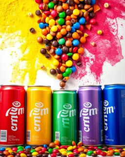 An image of several colored soda cans side by side at the bottom of the image, with M&M chocolates pouring out of them, and the space is filled with color, chocolate chips, and fruit pieces in a soda-like atmosphere with happy, beautiful colors.