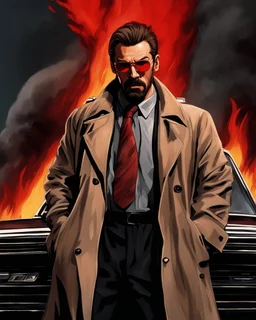 a young man with big muscles who looks like hans gruber wearing a trench coat and red sunglasses staring with an irritated look on his face standing in front of a fire