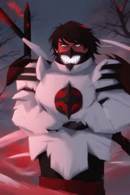 The character, in a striking white armour against a wintry backdrop stands with his arms behind his back inside the scene, he has a red and black circular symbol on his chest like a shield, a black pointed spear with a red handle on his back, His eyes are showing a dynamic expression and he wears a black oni with white sharp teeth on it covering the bottom part of his mouth he has brown shoulder pads and a white belt with a bag attached to it. He has dark brown hair, he does not wear a helmet.