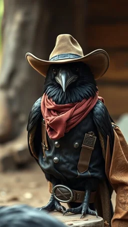 a crow wearing a cowboy uniform, realistic , pro photography , high quality, and cinematic scene