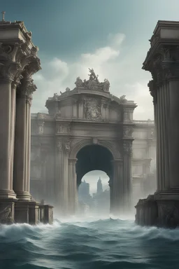 Genova sommersa dalle acque del Mediterraneo in un futuro distopico, sullo sfondo arco di trionfo.