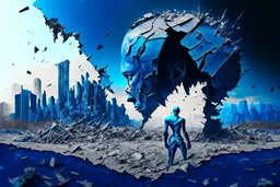 human design, breaking down into pieces, cinematic image, 16K, in the background earth cracked by drought and a city destroyed by the action of man, metallic blue tones