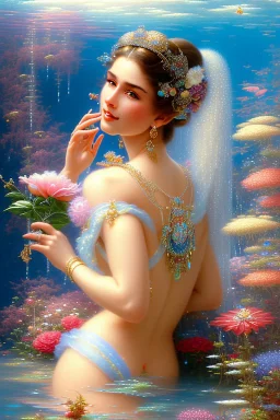 Sharp detailed backdrop and scenery lisa frank portrait of a beautiful mysterious woman surrounded in water and flowing flowers, drenched clothing, wet dripping long silver hair, emerging from the water, fantasy, regal, intricate, by stanley artgerm lau, greg rutkowski, thomas kinkade, alphonse mucha, loish, norman rockwell, mystical purple pink tones blue eyes pear