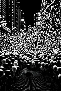 BLACKBACKGROUND BLACK AND WHITE MANY MANY SMALL PARTY BALLOONS ON A TOKYO STREET IN THE STYLE OF HIROKU OGAI