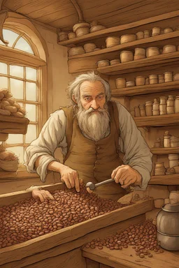 In the bustling inn, the lively hobbit worked tirelessly behind the counter. Though small in stature like all of his kind, he performed his duties with great skill and care. When weighing the beans, his large hairy feet moved deftly. His eyes, often wide with childlike wonder, keenly examined each bean. Into the grinder they went, ground to just the right texture - neither too fine nor too coarse. Under his fingers, the machine sang a steady song as the shots were pulled. The crema