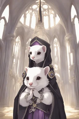 (anthropomorphic white ferret),dressed in ((cleric fantasy)) black clothes with silver holy ornaments, realistic anatomy, posing, cute face, fantasy inspire, church on background with warm sunshine lighty from behind, gloomy atmosphere purple armband, The holy icon style, RTX, praying pose, close eyes:2.5