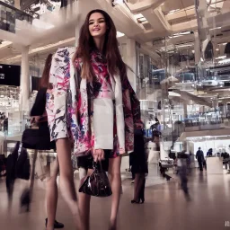 photo of a young beautiful fashion model wearing high fashion clothes posing and smiling on the dow jones trading floor with bankers busy working in the background, balenciaga, photorealistic, colourful, high contrast, dow jones, trading floor, fashion photography, high resolution, 8k, hard light, gen z, wide angle lens