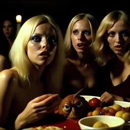 Horror movie shot, hot party, ultra realistic, dine, horns, ultra chaos, realistic hot blonde women, party, pieces of meat, organs, hot dynamic, they come, very excited women, hypermaximalist figures, light, 1970's Italian horror movie, sinister, Dario Argento, Stanley Kubrik, ornate, 4k, photorealism