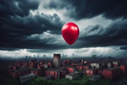 one red party balloon on sky, high realistic, storm, gloomy, surreal, little city, ruins, professional photo, cinematic, utopistic