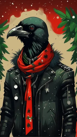 An illustration by Matisse of a human-like crow with a punk leather jacket within a Christmas atmosphere.