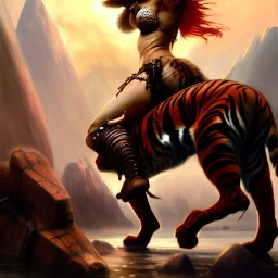 ultra detailed portrait of beautiful Red Sonja riding a Great tiger ,wearing plate armor, extremely detailed digital painting, in the style of A.J. Manzanedo and Robert Howard and Earl Norem and fenghua zhong and ruan jia and jeremy lipking and peter mohrbacher, mystical colors, rim light, beautiful lighting, 8 k, stunning scene, raytracing, octane, trending on artstation