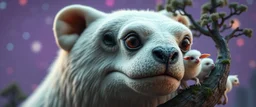 close up on member of trance mafia jazz giant polar alien sloth gremlin sheep flock climbing trees