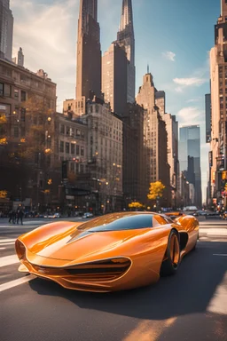 creates a concept supercar in '60s style with a retro-futuristic bodywork in orange and gold on a street of New York, with a bright sky