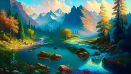 Serene landscape with river running trough mountains, a forest with a lot of vibrant colors, in the style of bob ross, thomas kadinskade and albert bierstadt. Peacefull and calming, intricate details, vibrant.