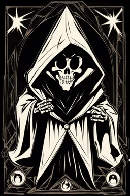 1970s goofy character of a skull face character wearing a black hooded cloak, drawn in a early animation style, inside a lighter diamond shape on a black background, monochromatic