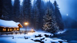 fir forrest scenery, heavy mist,valley,creek,forest,christmas lanterns,tree,,nature,night,snow,fir tree,high-quality photograph