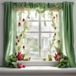 A window frame with green decorations, bright curtains and small dragon fruits on the windowsill, all on a light background that can be removed.