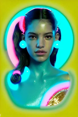 Rosalía artist, Realistic image, natural waist up portrait, perfect eyes, glow, circle iris, eye liner. pigtails hair, face, spray line make up, glow. lips, gold. big rings piercing, led ornament, pearls. coat, latex, inflatable, hot, led lights, minimal, neon, pink, blue, gold, vibrant color, highly detailed, art stations, concept art, smooth, unreal engine 5, god lights, ray tracing, RTX, lumen lighting, ultra detail, volumetric lighting, 3d, finely drawn, high definition, 4k.