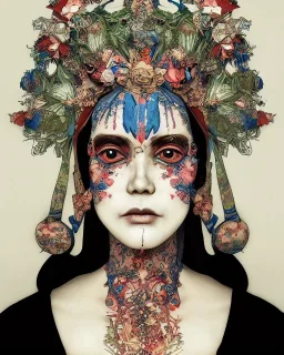 head and shoulders portrait of Mary, face paint, jester hat, sad expression, Takato Yamamoto artist, Akiya Kageichi artist, Jedediah Berry inspired, 8k resolution concept art portrait, dynamic lighting, hyperdetailed, intricately detailed, maximalist, beautiful, peaceful