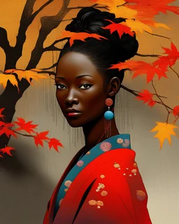 Vibrant autumn foliage in a rain-kissed setting, Ikebana arrangement, Haiku poetry inspiration, Japanese garden elements, autumn asters, Utagawa Hiroshige essence, Isaac Levitan influence, woman with dark skin, tribal markings, mysterious expression, piercing eyes, flowing black hair, colorful beads, layered textiles, bright hues, ornate jewelry, cultural richness, dark, blurred backdrop, GoBi, Наталья И-ва.Mystical character with pale blue scaly skin, icy green eyes, dark eyeliner, cascading da