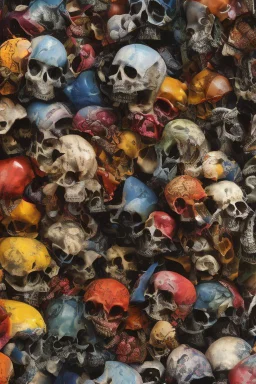 a picture of a dark, comedic, anatomically correct wall of colorful tightly packed skulls of varying sizes and expressions, photo realistic, insanely meticulous, highly detailed, part of a collection of bones on display, 64k, dystopian, vray