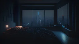 dark gloomy, A room with a view of the city from the bed, generative ai By Annulus Studio